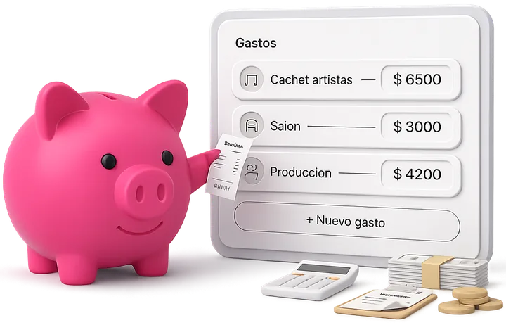 Chanchito sumando los gastos reales del evento